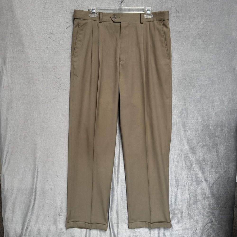 George Dress Pants Mens 36x32 Beige Pleated Cuffed Microfiber Classic Fit